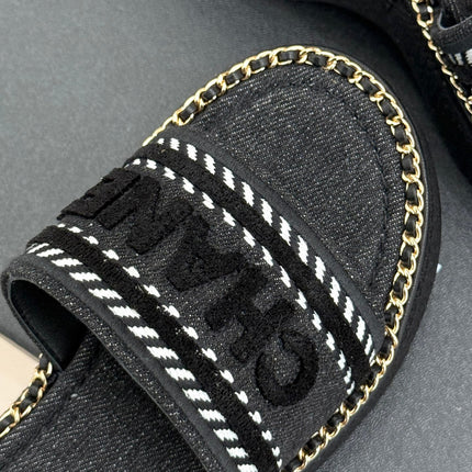 THICK SOLE WEDGE SLIPPERS IN BLACK DENIM FABRIC