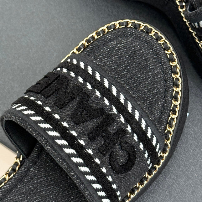 THICK SOLE WEDGE SLIPPERS IN BLACK DENIM FABRIC