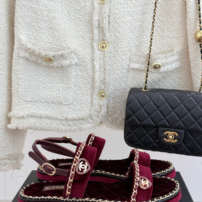 FLAT CHAIN HEART SANDAL IN PLUM PURPLE VELVET