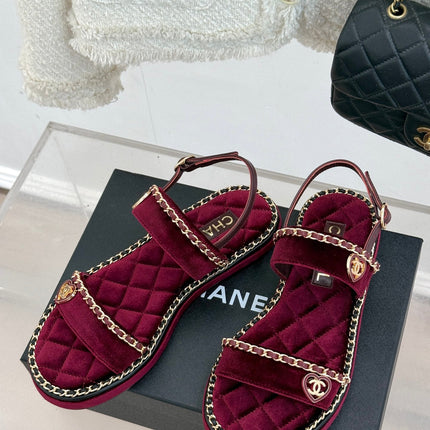 FLAT CHAIN HEART SANDAL IN PLUM PURPLE VELVET