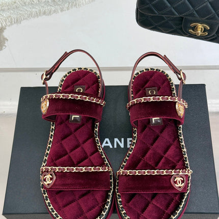 FLAT CHAIN HEART SANDAL IN PLUM PURPLE VELVET