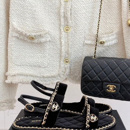 FLAT CHAIN HEART SANDAL IN BLACK VELVET