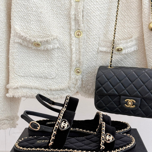 FLAT CHAIN HEART SANDAL IN BLACK VELVET