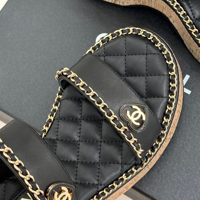 THICK-SOLED CHAIN HEART SANDAL IN BLACK LAMBSKIN