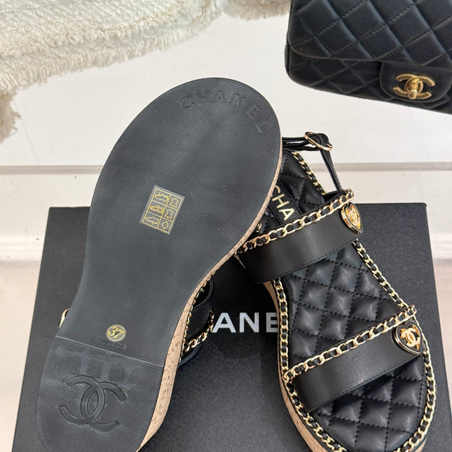 THICK-SOLED CHAIN HEART SANDAL IN BLACK LAMBSKIN