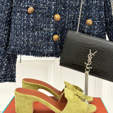 HIGH HEELS IN MOSS YELLOW SUEDE AND LAMBSKIN