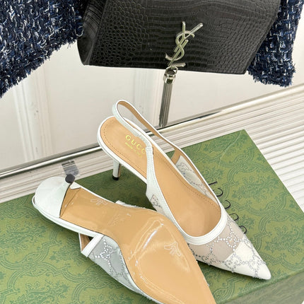 GG HIGH SLINGBACK 8.5 CM IN WHITE CLASSIC POINTED-TOE MESH WITH RHINESTONE EMBELLISHMENTS