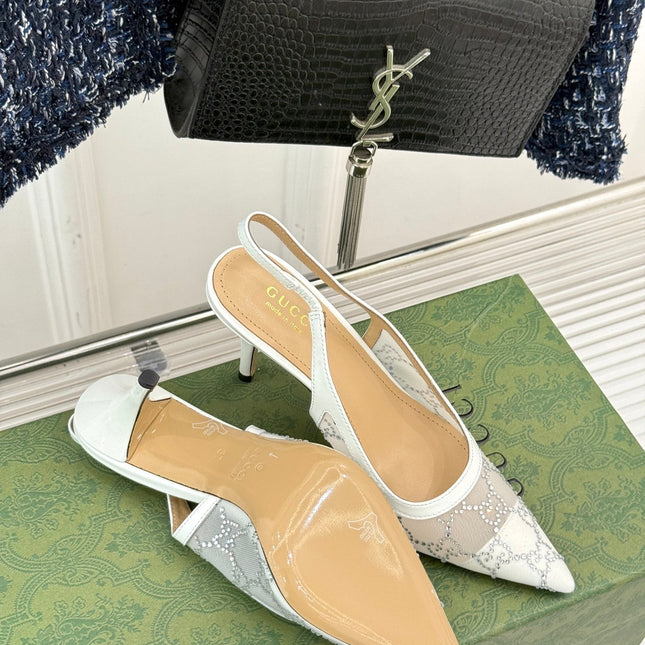 GG HIGH SLINGBACK 8.5 CM IN WHITE CLASSIC POINTED-TOE MESH WITH RHINESTONE EMBELLISHMENTS