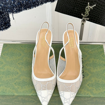 GG HIGH SLINGBACK 8.5 CM IN WHITE CLASSIC POINTED-TOE MESH WITH RHINESTONE EMBELLISHMENTS