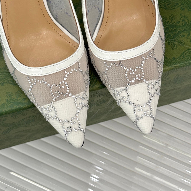 GG HIGH SLINGBACK 8.5 CM IN WHITE CLASSIC POINTED-TOE MESH WITH RHINESTONE EMBELLISHMENTS