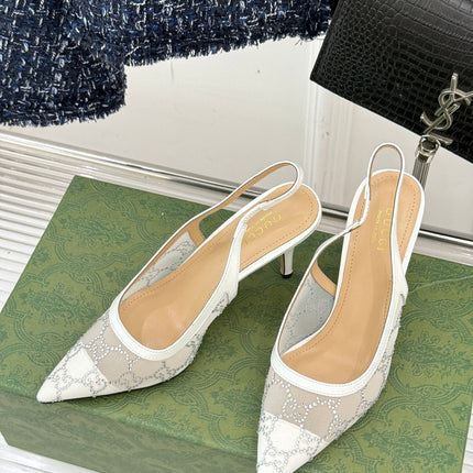 GG HIGH SLINGBACK 8.5 CM IN WHITE CLASSIC POINTED-TOE MESH WITH RHINESTONE EMBELLISHMENTS