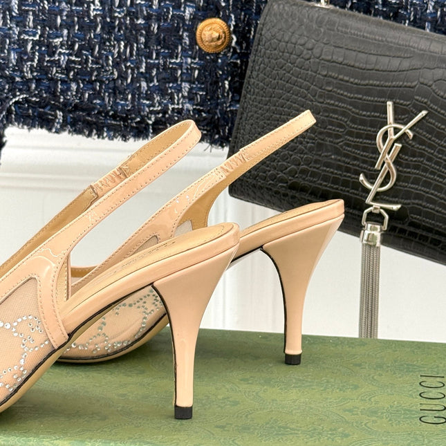 GG HIGH SLINGBACK 8.5 CM IN BEIGE CLASSIC POINTED-TOE MESH WITH RHINESTONE EMBELLISHMENTS