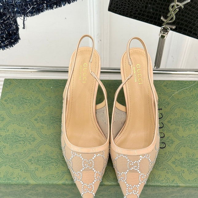 GG HIGH SLINGBACK 8.5 CM IN BEIGE CLASSIC POINTED-TOE MESH WITH RHINESTONE EMBELLISHMENTS