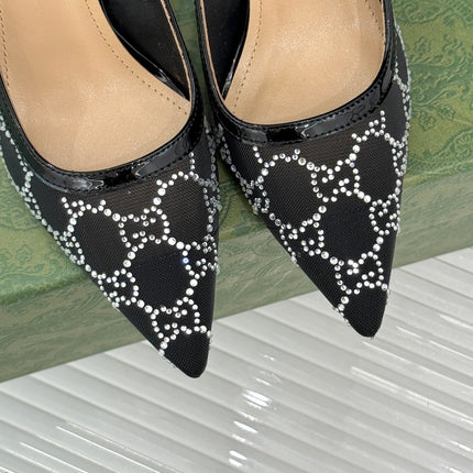 GG HIGH SLINGBACK 8.5 CM IN BLACK CLASSIC POINTED-TOE MESH WITH RHINESTONE EMBELLISHMENTS