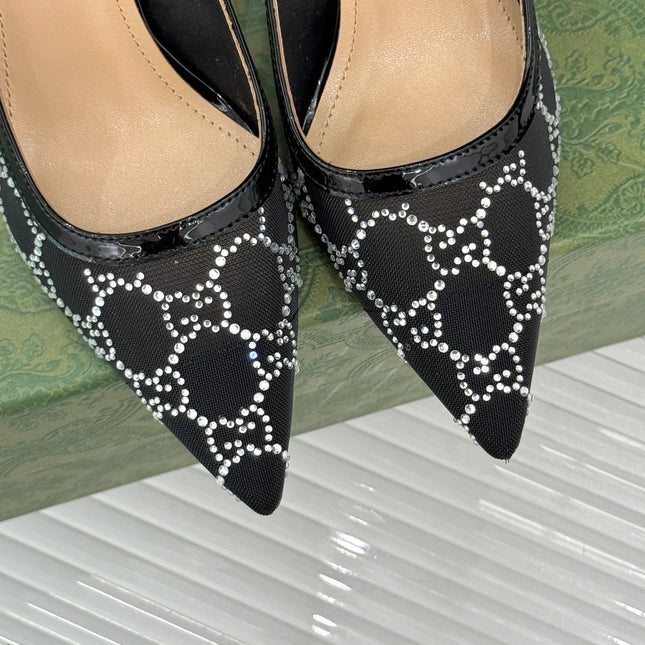GG HIGH SLINGBACK 8.5 CM IN BLACK CLASSIC POINTED-TOE MESH WITH RHINESTONE EMBELLISHMENTS