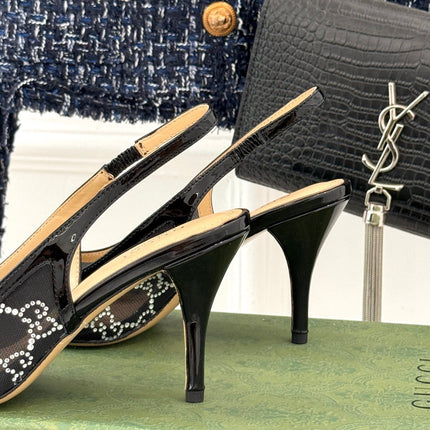 GG HIGH SLINGBACK 8.5 CM IN BLACK CLASSIC POINTED-TOE MESH WITH RHINESTONE EMBELLISHMENTS