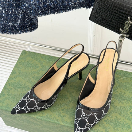 GG HIGH SLINGBACK 8.5 CM IN BLACK CLASSIC POINTED-TOE MESH WITH RHINESTONE EMBELLISHMENTS