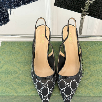 GG HIGH SLINGBACK 8.5 CM IN BLACK CLASSIC POINTED-TOE MESH WITH RHINESTONE EMBELLISHMENTS