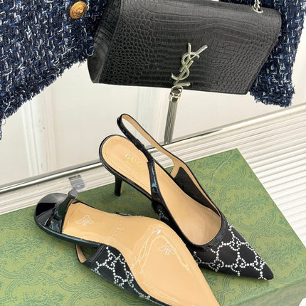 GG HIGH SLINGBACK 8.5 CM IN BLACK CLASSIC POINTED-TOE MESH WITH RHINESTONE EMBELLISHMENTS
