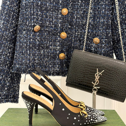 HIGH SLINGBACK 8.5 CM IN BLACK FABRIC WITH RHINESTONE EMBELLISHMENTS