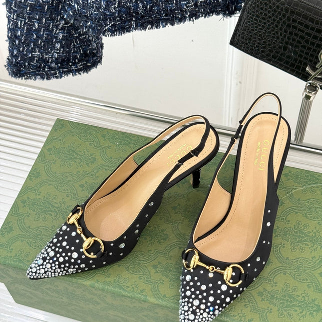HIGH SLINGBACK 8.5 CM IN BLACK FABRIC WITH RHINESTONE EMBELLISHMENTS