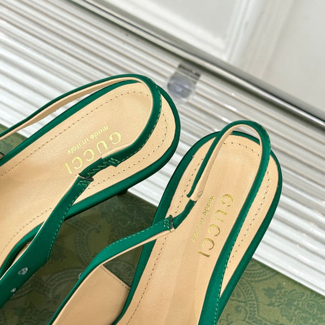 HIGH SLINGBACK 8.5 CM IN GREEN FABRIC WITH RHINESTONE EMBELLISHMENTS