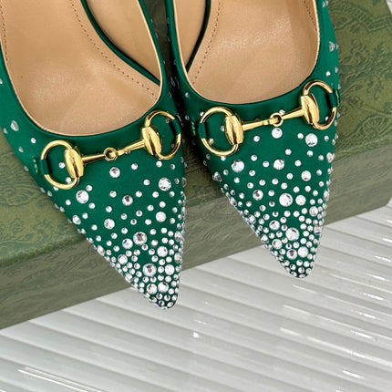 HIGH SLINGBACK 8.5 CM IN GREEN FABRIC WITH RHINESTONE EMBELLISHMENTS
