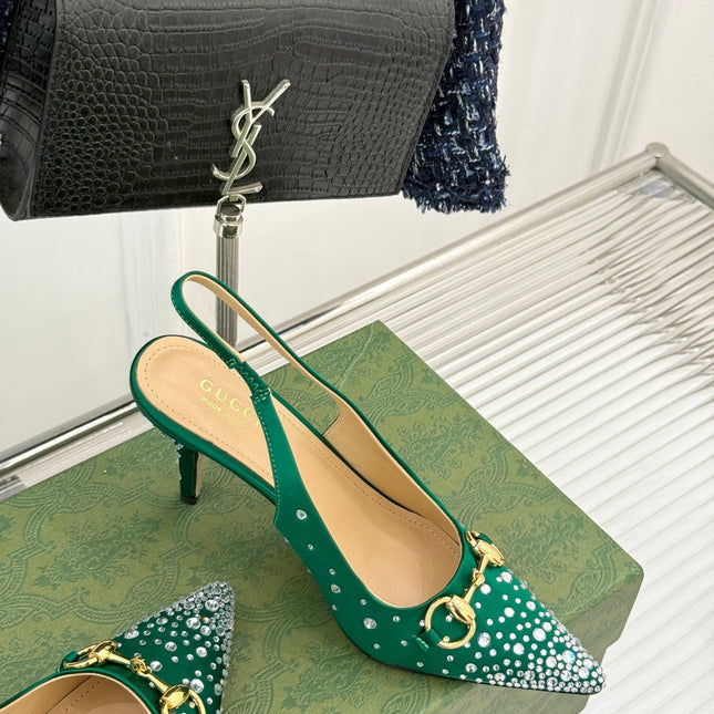 HIGH SLINGBACK 8.5 CM IN GREEN FABRIC WITH RHINESTONE EMBELLISHMENTS