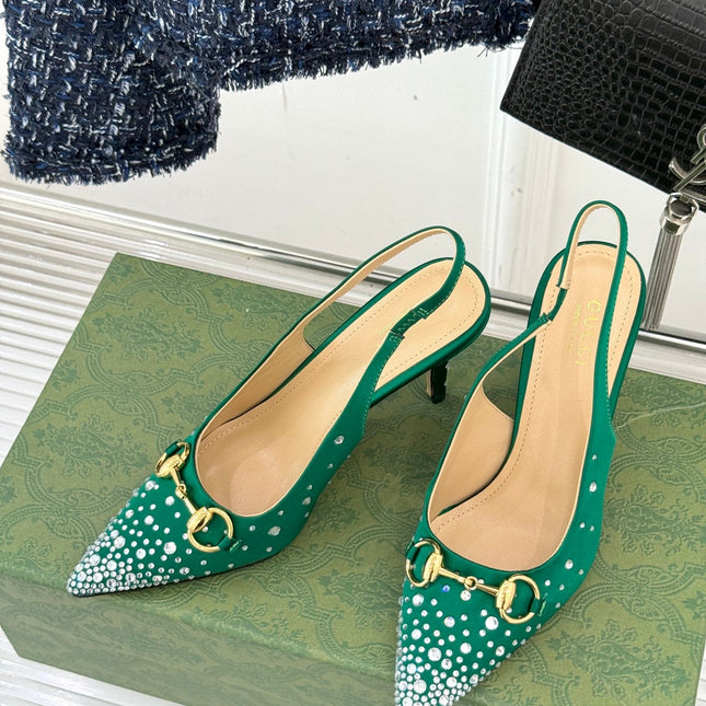 HIGH SLINGBACK 8.5 CM IN GREEN FABRIC WITH RHINESTONE EMBELLISHMENTS