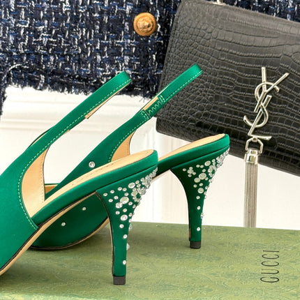 HIGH SLINGBACK 8.5 CM IN GREEN FABRIC WITH RHINESTONE EMBELLISHMENTS