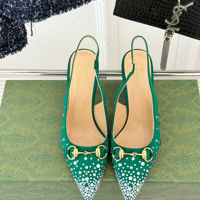 HIGH SLINGBACK 8.5 CM IN GREEN FABRIC WITH RHINESTONE EMBELLISHMENTS