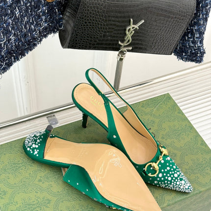 HIGH SLINGBACK 8.5 CM IN GREEN FABRIC WITH RHINESTONE EMBELLISHMENTS
