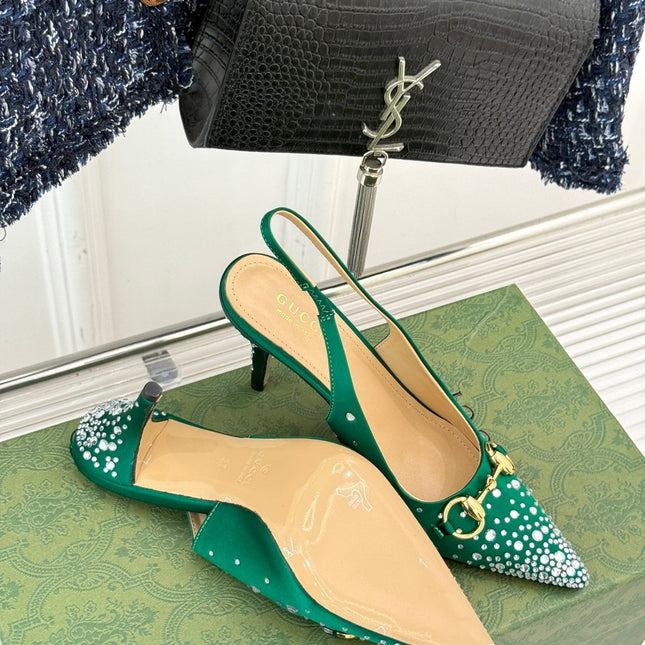 HIGH SLINGBACK 8.5 CM IN GREEN FABRIC WITH RHINESTONE EMBELLISHMENTS