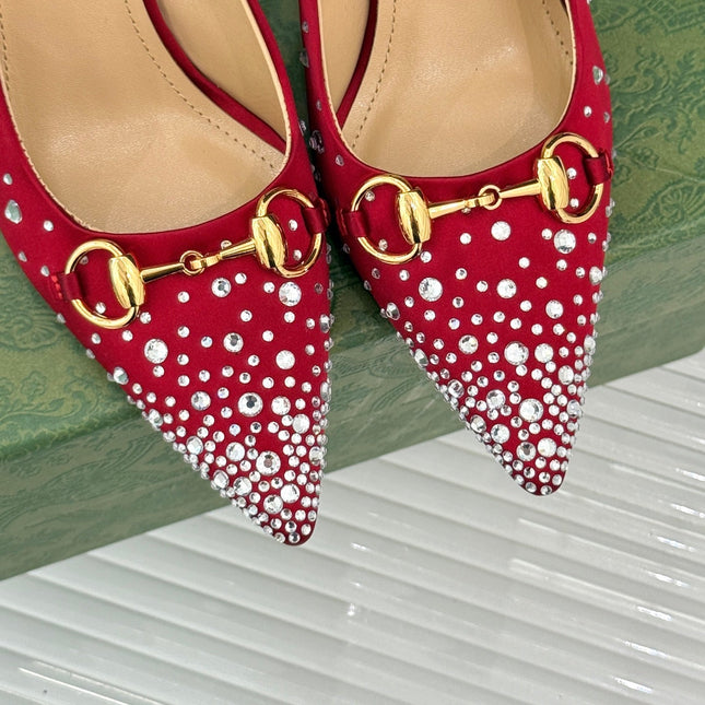 HIGH SLINGBACK 8.5 CM IN RED FABRIC WITH RHINESTONE EMBELLISHMENTS