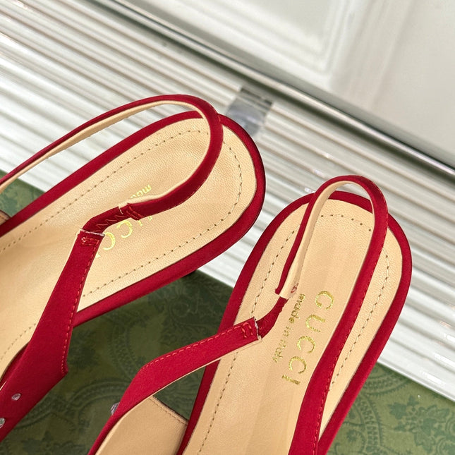 HIGH SLINGBACK 8.5 CM IN RED FABRIC WITH RHINESTONE EMBELLISHMENTS