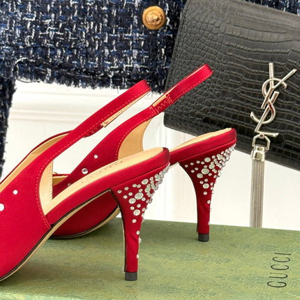 HIGH SLINGBACK 8.5 CM IN RED FABRIC WITH RHINESTONE EMBELLISHMENTS