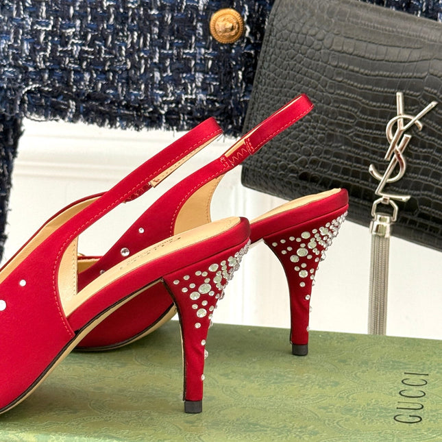 HIGH SLINGBACK 8.5 CM IN RED FABRIC WITH RHINESTONE EMBELLISHMENTS