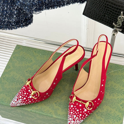 HIGH SLINGBACK 8.5 CM IN RED FABRIC WITH RHINESTONE EMBELLISHMENTS