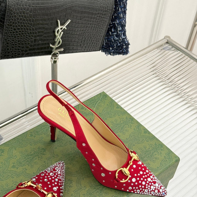 HIGH SLINGBACK 8.5 CM IN RED FABRIC WITH RHINESTONE EMBELLISHMENTS