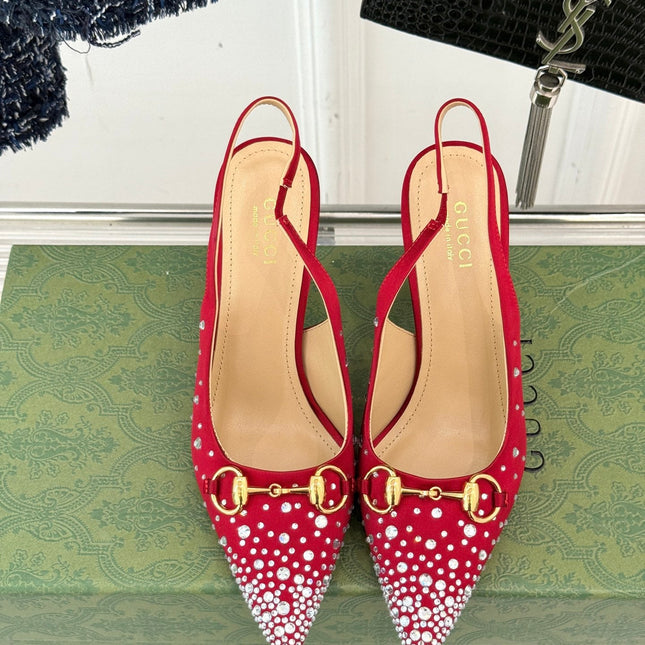 HIGH SLINGBACK 8.5 CM IN RED FABRIC WITH RHINESTONE EMBELLISHMENTS
