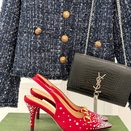 HIGH SLINGBACK 8.5 CM IN RED FABRIC WITH RHINESTONE EMBELLISHMENTS