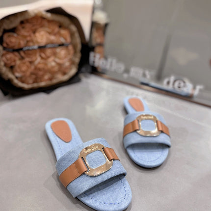 SLIDE MULE IN LIGHT BLUE DENIM AND BROWN CALFSKIN GOLD HARDWARE