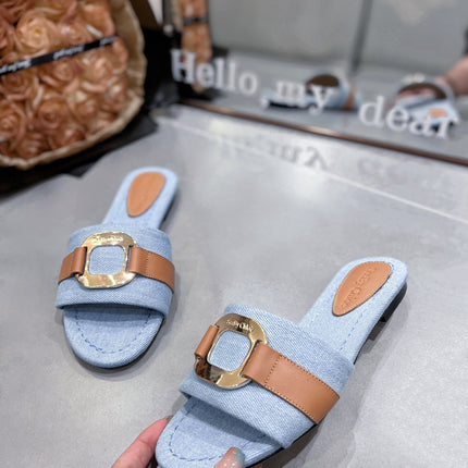 SLIDE MULE IN LIGHT BLUE DENIM AND BROWN CALFSKIN GOLD HARDWARE