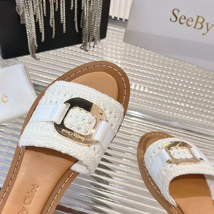 WOVEN SLIDE MULE IN WHITE WOOL AND BROWN LAMBSKIN GOLD HARDWARE