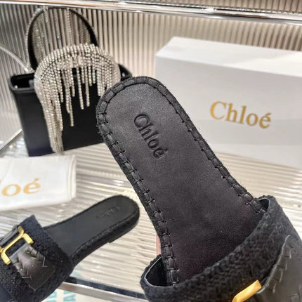WOVEN SLIPPER IN BLACK WOOL AND LAMBSKIN GOLD HARDWARE