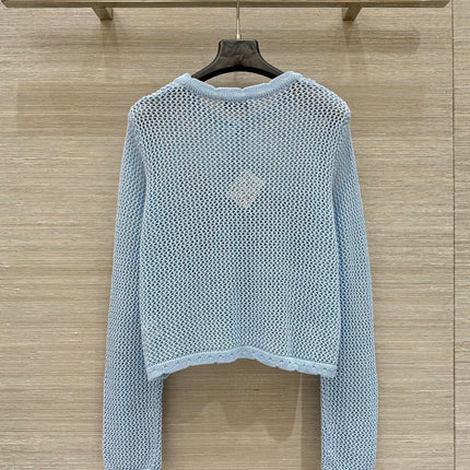 Loewe 25 Mesh Hollow Knitted Cardigan Blue Wool