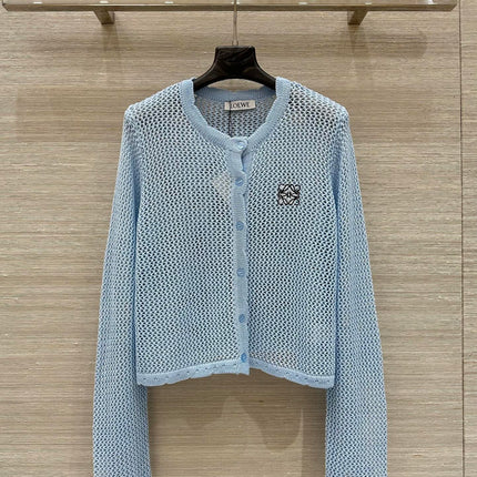 Loewe 25 Mesh Hollow Knitted Cardigan Blue Wool