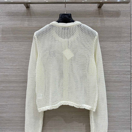 Loewe 25 Mesh Hollow Knitted Cardigan Ivory Wool