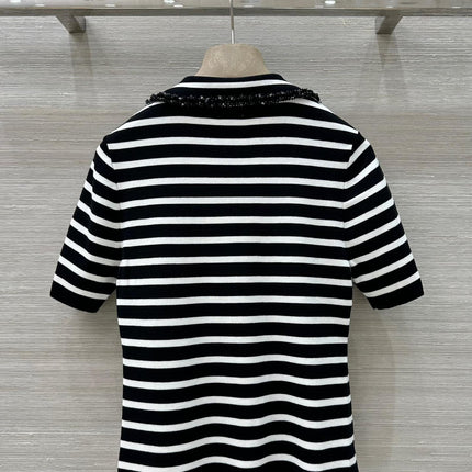 Loewe 25 Striped Knitted Polo Short-sleeved Top Black Tencel