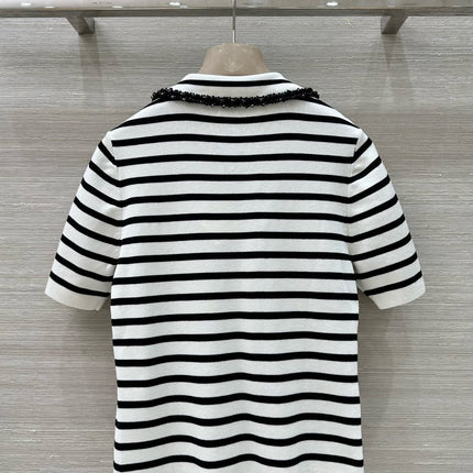 Loewe 25 Striped Knitted Polo Short-sleeved Top White Tencel